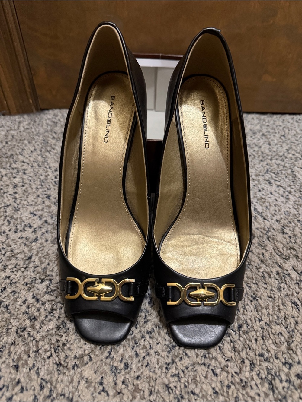 Bandolino Black Peep-Toe Pumps with Gold Chain Detail